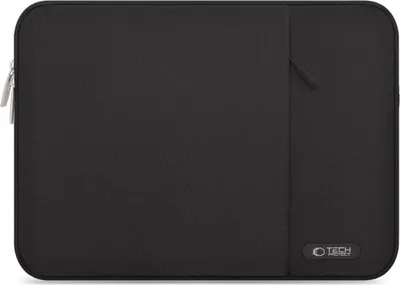 A black laptop sleeve is shown flat against a white background.