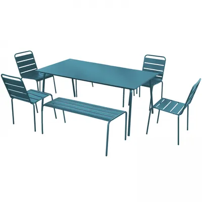 Produktbild von Gartenlounge aus Metall mit 2 Bänken und 4 Stühlen Pazifisch blau - Oviala Palavas