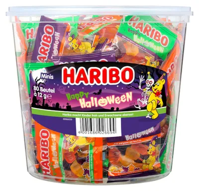Zdjęcie produktu dla Haribo Happy Halloween, mała paczka z 80 sztukami gumowych cukierków o smaku owocowym, waga: 960g