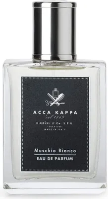 A clear, front-facing studio shot of a bottle of Acca Kappa Muschio Bianco Eau de Parfum.