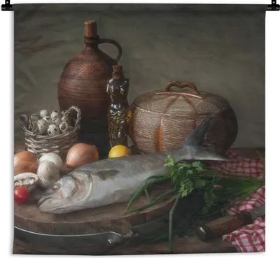 Produktbild von MuchoWow® Wandteppich Wandbehang Rustikal - Fisch - Stilleben - Gemüse - Kräuter 60x60 cm Tapisserie Dekoration Wandtuch - Dekorationen - Wand Decke