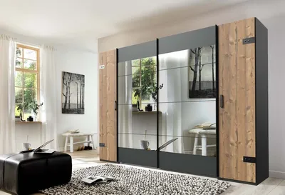 Obrázek produktu pro Stockholmská skříň se závěsy a posuvnými dveřmi a zrcadlem jedle / šedá, šířka:272 cm