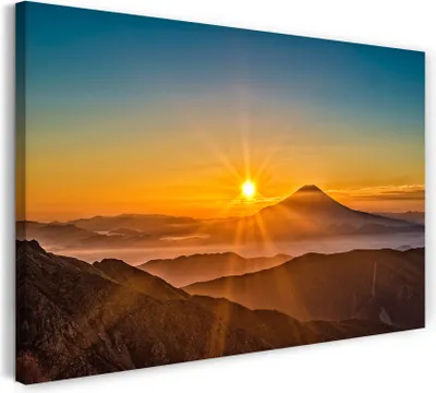 Produktbild von Leinwandbild (80x60cm): Berg-Landschaft mit Wolken-Nebel bei Sonnenaufgang, echter Holz-Keilrahmen inkl. Aufhänger, handgefertigt in Deutschland