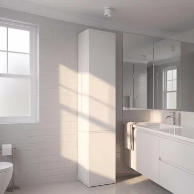 Image de Armoire de salle de bain avec cabine fermée, meuble haut avec espace de rangement, armoire moderne avec porte, meuble latéral, 200 cm, blanc, MDF, Image générée par une IA