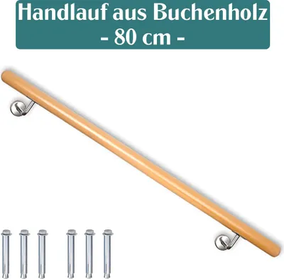 A wooden handrail with metal mounting brackets and screws, presented on a white background with a marketing banner.