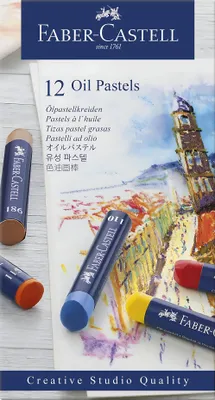 A box of Faber-Castell oil pastels with several pastels laid out.