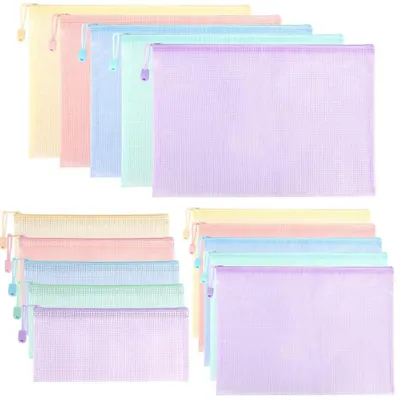 Image de Ensemble de 30 pochettes zippées - Formats A4, A5, A6 - Pochette pour documents - Sacs en plastique en filet - Résistants à l'eau - 5 couleurs - Idéaux pour l'école, le bureau, les voyages