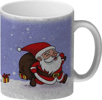 Produktbild von Frohe Weihnachten! Glitzer-Kaffeebecher mit lustigem Comic-Weihnachtsmann