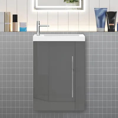 Produktbild von Badmöbel 45cm Mineralguss Waschtisch mit Unterschrank Hochglanz Dunkelgrau Hängeschrank Badschrank Kleine Badezimmerschränke