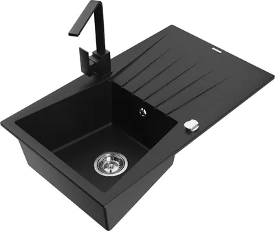Produktbild von Mexen Cesar 1 Becken-Granitspüle mit Abtropffläche und Mischbatterie Rita, Schwarz - 6514-77-670300-70