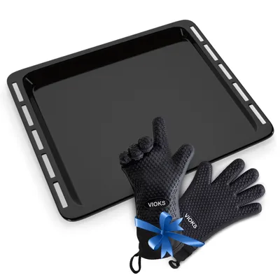 Produktbild von Backblech Alternativ Whirlpool 481010657929 450x375x20mm emailliert mit 2 Silikon Ofenhandschuhe für Backofen
