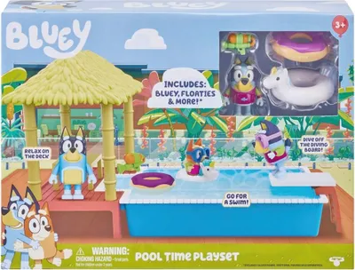 Produktbild von Moose Bluey Pool Time Fun Spielset S4, Kunststoff, Mehrfarbig, Maße: 165x120x270 mm, inkl. Bluey-Figur, Pool, Hütte & 4 Zubehörteile, basierend auf der TV-Folge 'Der Pool'