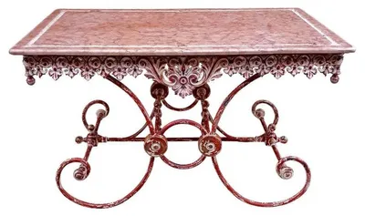 Produktbild von Casa Padrino Jugendstil Gartentisch aus Schmiedeeisen und Marmor in Antik Rot und Weiß, 130 x 80 x H. 75 cm