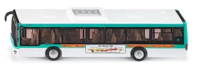 A side view of a toy city bus.