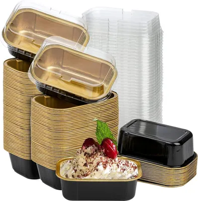 Obrázek produktu pro Formy na pečení z hliníkové fólie 60 kusů s víkem 150 ml - Jednorázové formy na muffiny Cupcake soufflé cheesecake