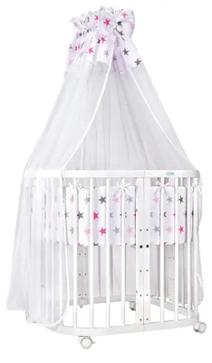 Produktbild von Waldin Babybett Kinderbett 7in1 mit Matratze, mitwachsendes Kinder-Bett,Stoffe Sterne pink,Holz weiß