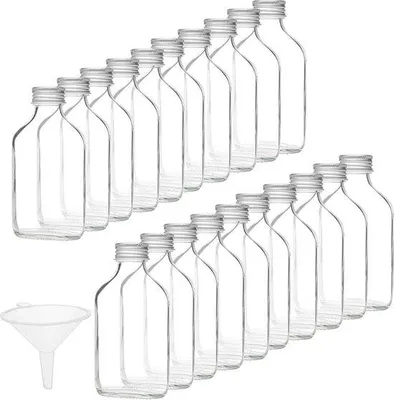 Obrázek produktu pro Skleněné lahvičky na likéry o objemu 100 ml - balení 20 ks, stříbrná víčka a nálevky - prázdné miniaturní lahvičky na svatby a večírky - alkohol, likéry, whisky, panáky a nápoje