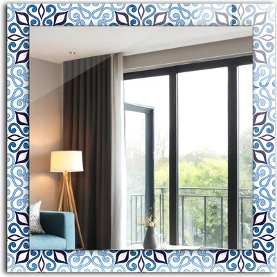 Produktbild von Dekorativer Wandspiegel - Bedruckter Spiegel - Motiv - 60x60 cm - Blaues Ziermuster