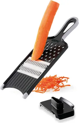 Produktbild von Gefu Hobel ASIA aus japanischem Stahl, extrem scharf, multifunktional für Gemüsestifte sowie zum Reiben von Muskatnuss, Ingwer und festem Gemüse/Obst, mit Aufhängeöse, rutschfesten Füßen und Restehalter, harte, scharfe Zähne.