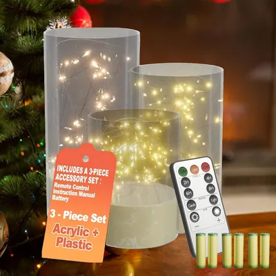 Obrázok produktu pre Sada 3 LED sviečok LARS360 s diaľkovým ovládaním, zabudovaným efektom plameňa, časovačom, možnosťou stmievania, bezdrôtové, vrátane 6 batérií AA, výška 10/12,5/15 cm, priehľadné