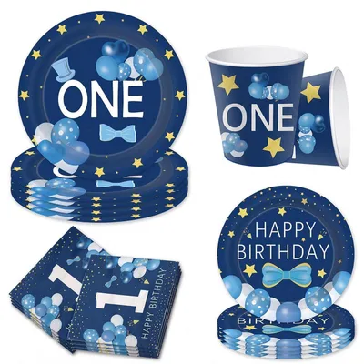 Immagine prodotto di Set di stoviglie per bambini, tema "1° compleanno", 64 pezzi: piatti, bicchieri, tovaglioli