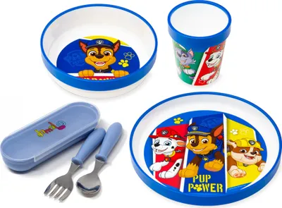 Produktbild von Kinder Geschirr Set Paw Patrol - Rutschfest & BPA frei - Kindergeschirr Set mit Teller, Schüssel, Becher & Besteck - Geschirrset für Jungen & Mädchen