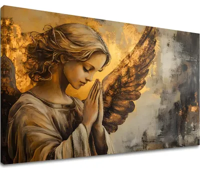 Obrázok produktu pre Obrazy anjelov Modlitba svetla – obraz na plátne do spálne 120x80 cm, ručne dotvorený, zlaté plátky | Papilora