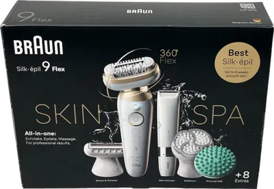 The image shows the retail packaging of a Braun Silk-épil 9 Flex epilator.
