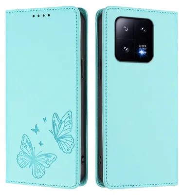 Produktbild von Lederhülle für Xiaomi 13 Pro, Schmetterling Prägung Leder Brieftasche Schutzhülle mit Ständer Türkis