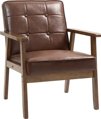 Image de HOMCOM Fauteuil de salon, fauteuil de chambre en cuir synthétique avec dossier capitonné, accoudoirs, pieds en bois massif, marron