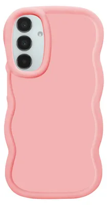 A pink phone case with a wavy edge design is shown against a white background.