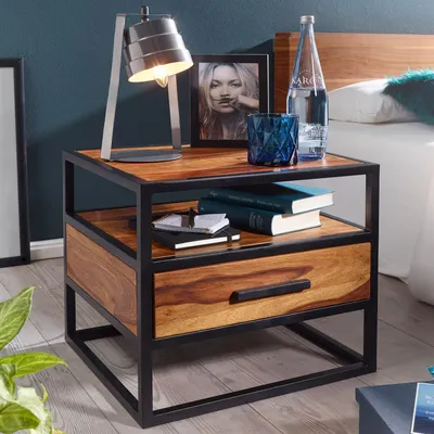 Produktbild von FineBuy Nachtkonsole FB51418 Sheesham Holz Metall Industrial Nachttisch Design