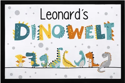 Produktbild von Fußmatte Kinderzimmer Dinowelt personalisiert mit Name Türvorleger Kind Dinosaurier rutschfest & waschbar SpecialMe® weiß 60x40cm