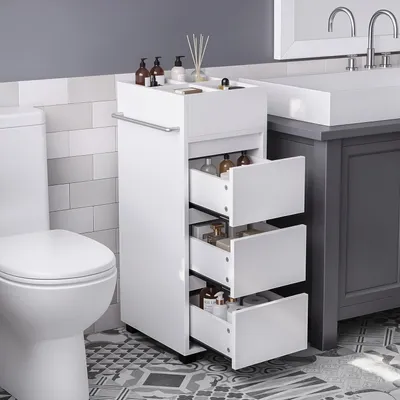 Produktbild von OYAJIA Badezimmerschrank Schmaler Badschrank & Toilettenschrank mit 3 Schubladen, 4 Fächern & Handtuchhalter |Kommode für kleine Räume&Nischen |Weiß