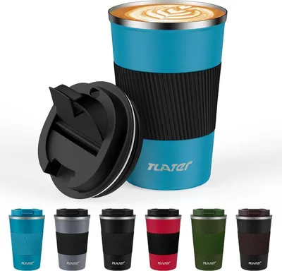 Image de Tlater Tasse à café à emporter en acier inoxydable à double paroi 380 ml Bleu Noir
