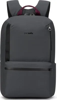 A front view of a gray backpack.