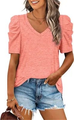 Image de ASKSA T-shirt femme col V été chemisier tunique décontractée tops manches bouffantes haut uni , rose, S