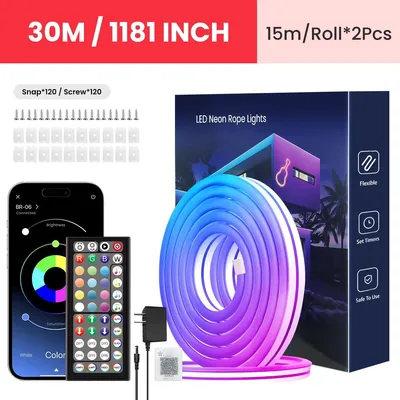 Obrázek produktu pro RGB LED páska s efektem neonu – Flexibilní světelná řetězec – 30 metrů – Ovládání pomocí aplikace a dálkového ovládání – Synchronizace s hudbou – Více světelných režimů – Vodotěsné (IP65) – 24 V