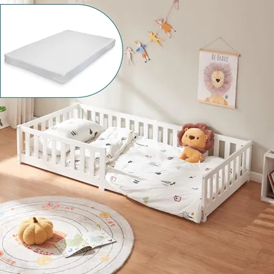 Image de Lit d'enfant 'Tanna' lit de sol avec matelas 90 x 200 cm Lit Montessori avec protection antichute pin blanc