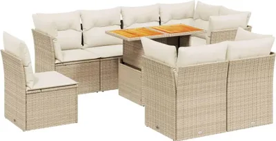 Immagine prodotto di vidaXL Set di divani da giardino 9 pezzi con cuscini Beige poly rattan