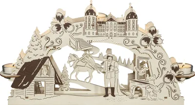 A wooden Christmas arch with a scene depicting a castle, a horse rider, and a man.