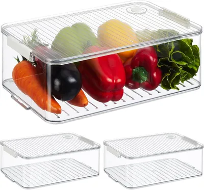 Productafbeelding van Koelkast organizer - Set van 3 - Opbergbakjes met deksel - Datum - 10,5 x 21 x 33 cm - Kunststof - Transparant