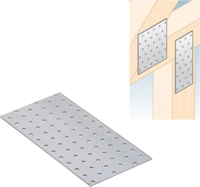 A metal plate with many holes and an inset image showing the plates attached to wooden beams.