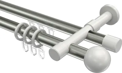 Produktbild von Interdeco Rundrohr-Innenlaufstange / Gardinenstange (Kombination) Edelstahl-Optik / Weiß, Typ Prestige Luino (Kugel), 20 mm Ø 2-läufig, 360 cm