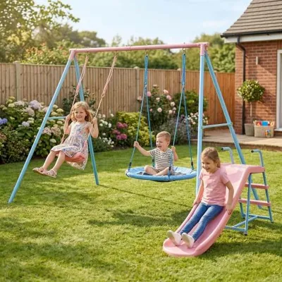 Productafbeelding van Schommelset met glijbaan, 2 schommels en speeltoestel, voor kinderen