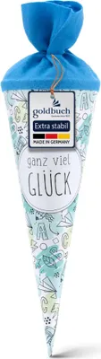 Produktbild von goldbuch 93 216 Geschwistertüte ganz viel Glück, Schultüte mit Skizzen-Muster, Lackkarton, Geschenkverpackung mit blauem Filzverschluss (ohne Verschlussband), Zuckertüte rund, Länge 35 cm, Ø 11,5 cm