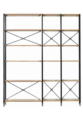 Produktbild von Möbilia Regal-Set | 1 breites Regal, 2 schmale Regale | MDF mit Akazie-Nachbildung, Gestell Metall | B 170 x T 30 x H 210 cm | natur-schwarz | 12020085 | Serie REGAL