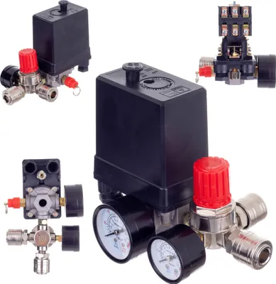 A collage of different views of an air compressor pressure switch and regulator.
