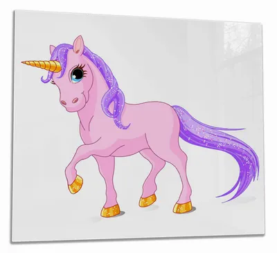 Produktbild von Wallario Herdabdeckplatte aus Glas, Größe 60 x 52 cm 1-teilig, Motiv Einhorn in rosa mit Schweif in lila