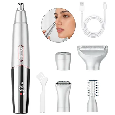 Produktbild von Damenrasierer für Intimbereich, 5-in-1 Damenhaarentferner, mit digitalem Display, USB-Aufladung, für Gesicht, Achseln, Arme und Bikinizone (weiß)
